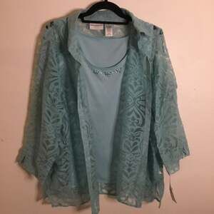 NWT Alfred Dunner Aqua Blue Lace Cardigan Beaded Tank Set XL